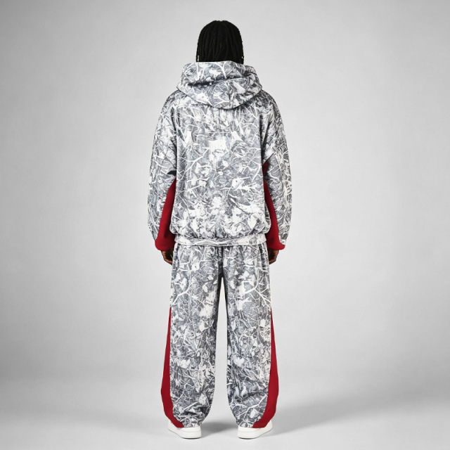 Men Full Zip Hoodie Tracksuit 100% Cotton French Terry All Over Tree Print Red Contrast Panel Oversized Drop Shoulder Streetwear