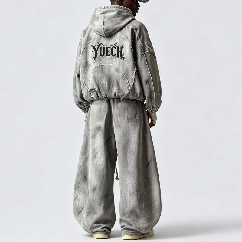 Custom Men's Vintage Washed Grey Tracksuit Deconstructed Seam Raw Edge Full Zip Hoodie Oversized Wide Leg Pants Streetwear Sets