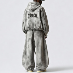 Custom Men's Vintage Washed Grey Tracksuit Deconstructed Seam Raw Edge Full Zip Hoodie Oversized Wide Leg Pants Streetwear Sets