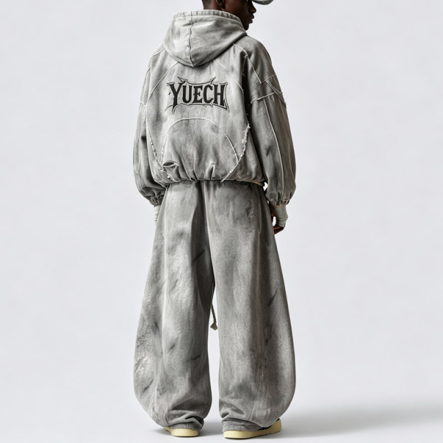 Custom Men's Vintage Washed Grey Tracksuit Deconstructed Seam Raw Edge Full Zip Hoodie Oversized Wide Leg Pants Streetwear Sets