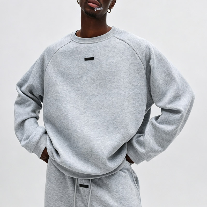 Men Heather Grey Fleece Lined Tracksuit Raglan Sleeve Crew Neck Sweatshirt Cuffed Jogger Pants Embroidered Casual Streetwear