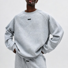 Men Heather Grey Fleece Lined Tracksuit Raglan Sleeve Crew Neck Sweatshirt Cuffed Jogger Pants Embroidered Casual Streetwear