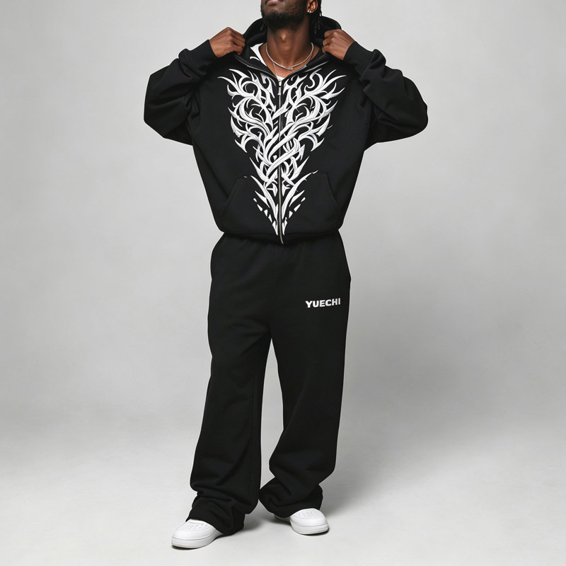 Custom Men Oversized Full Zip Hooded Tracksuit Fleece Embroidery Dropped Shoulder Elastic Waist Wide Leg Winter Streetwear