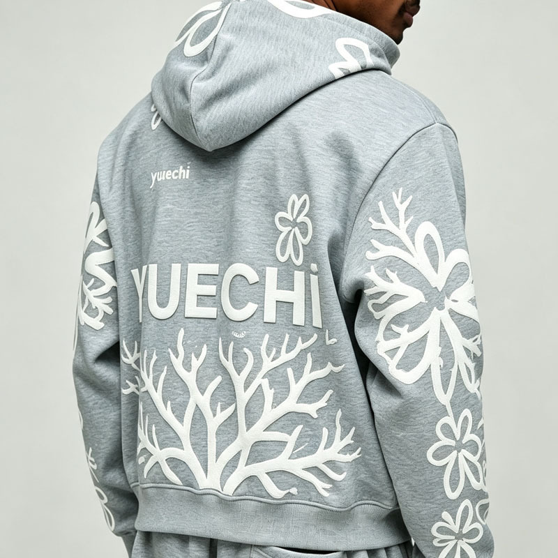 Custom 100% Cotton French Terry 3D Foam Puff Printing Full Zip 2 Pieces Boxy Fit Cropped Baggy Men's Heather Grey Tracksuit Set
