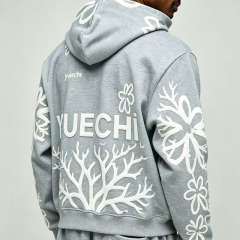 Custom 100% Cotton French Terry 3D Foam Puff Printing Full Zip 2 Pieces Boxy Fit Cropped Baggy Men's Heather Grey Tracksuit Set