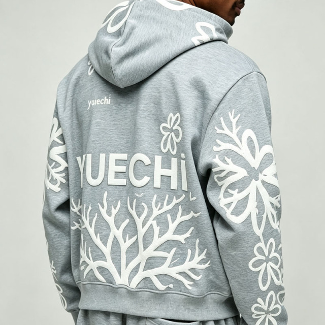 Custom 100% Cotton French Terry 3D Foam Puff Printing Full Zip 2 Pieces Boxy Fit Cropped Baggy Men's Heather Grey Tracksuit Set