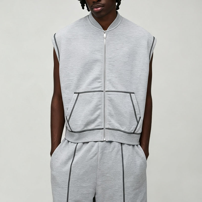 Contrast Stitching Sleeveless Full Zip Vest Knee Length Shorts 2 Pieces Heather Grey French Terry Men's Urban Tracksuit Set