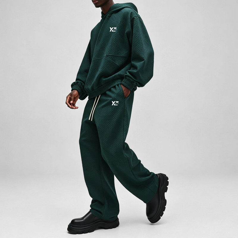 Custom Men Dark Green 3D Bubble Waffle Jacquard Tracksuit Screen Printing Oversized Hoodie Wide Leg Sweatpants Streetwear