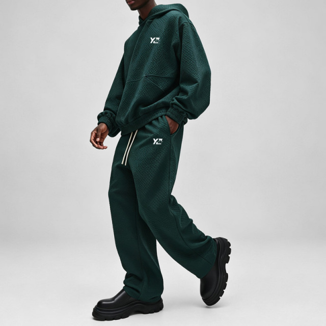 Custom Men Dark Green 3D Bubble Waffle Jacquard Tracksuit Screen Printing Oversized Hoodie Wide Leg Sweatpants Streetwear