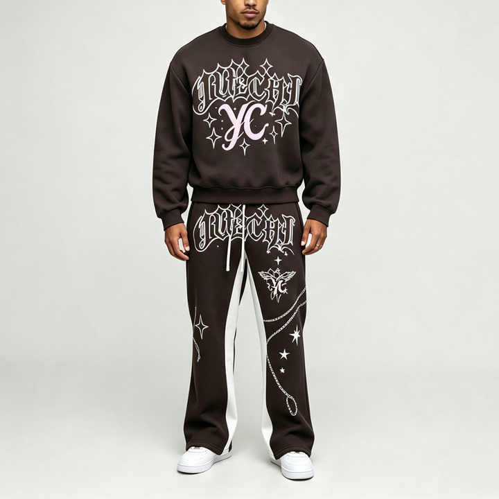 Custom Screen Print Round Neck Sweatshirt Activewear Silhouette Baggy Regular Patterned Jogger Men's Graphic Tracksuit