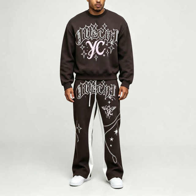 Custom Screen Print Round Neck Sweatshirt Activewear Silhouette Baggy Regular Patterned Jogger Men's Graphic Tracksuit