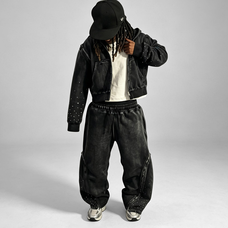 Custom Men's Sun Faded Detachable Sleeve Tracksuit Rhinestone Embellished Cropped Zip up Hoodie Wide Leg Sweatpants 100% Cotton