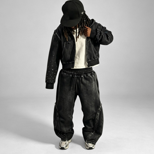 Custom Men's Sun Faded Detachable Sleeve Tracksuit Rhinestone Embellished Cropped Zip up Hoodie Wide Leg Sweatpants 100% Cotton