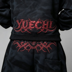 Custom Vintage Wash Mens Black Full Zip French Terry Hoodie Oversized Box Fit Dropped Shoulder Red Rhinestone Street Tracksuit