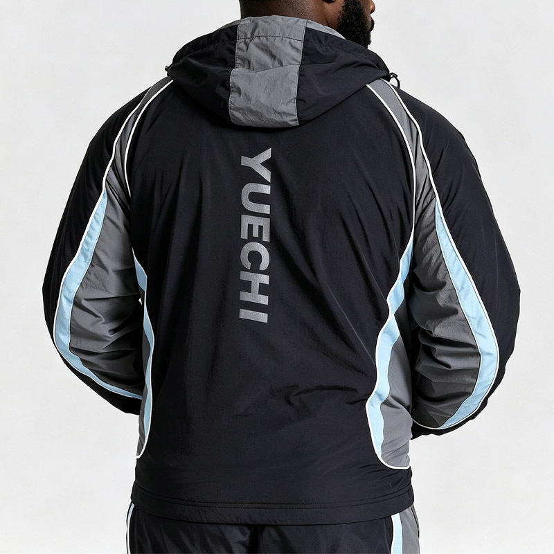 Custom Men Woven Nylon Full Zip Hooded Tracksuit Contrast Piping Breathable Mesh Lining Relaxed Fit Lightweight Two Piece Set