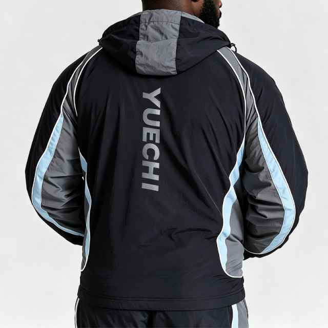 Custom Men Woven Nylon Full Zip Hooded Tracksuit Contrast Piping Breathable Mesh Lining Relaxed Fit Lightweight Two Piece Set