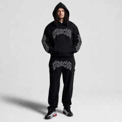 Custom Oversized Mens 100% Cotton Fleece 2 Piece Tracksuit Heavyweight Gothic 3D Embroidery Hooded Sweat Suit Streetwear Outfit