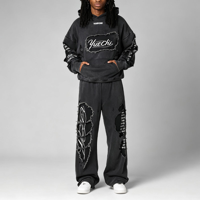 Men Oversized Hoodie Wide Leg 2 Piece Set Washed Charcoal Distressed Ripped Screen Print 100% Cotton French Terry Tracksuit