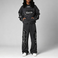 Men Oversized Hoodie Wide Leg 2 Piece Set Washed Charcoal Distressed Ripped Screen Print 100% Cotton French Terry Tracksuit