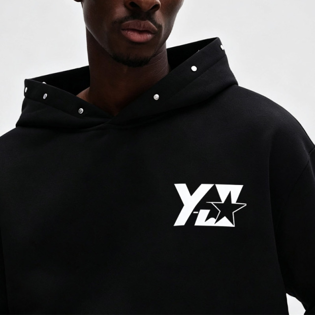 Custom Men's Black Studded Hoodie French Terry Tracksuit Oversized Pullover Hoodie Wide Leg Sweatpants Screen Print Streetwear