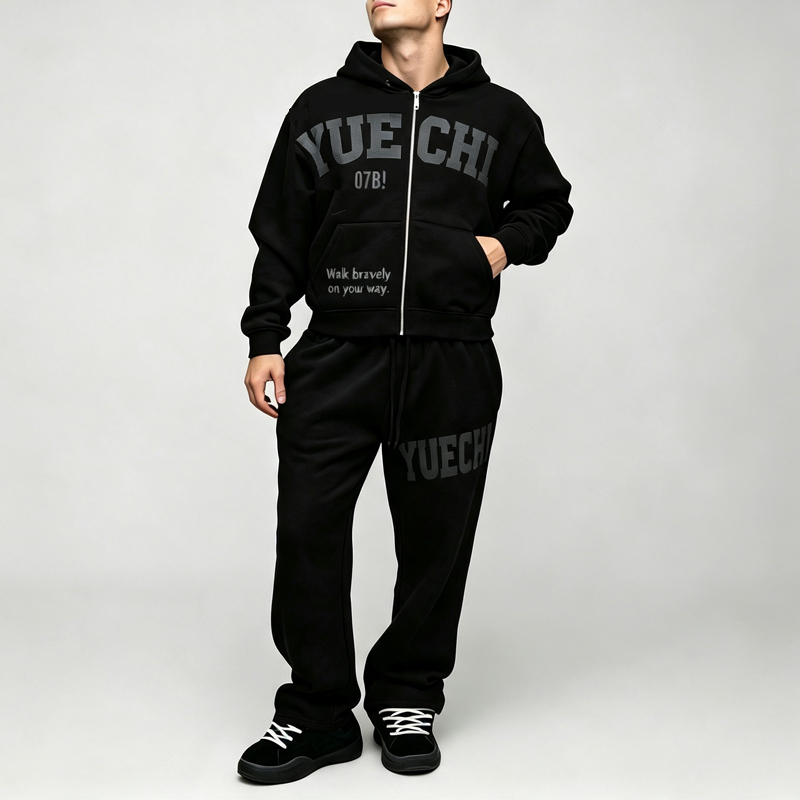 Custom Screen Print 100% Cotton Fleece Winter 2 Pieces Full Zip Boxy Fit Baggy Cropped Black Durable Men's Streetwear Tracksuit