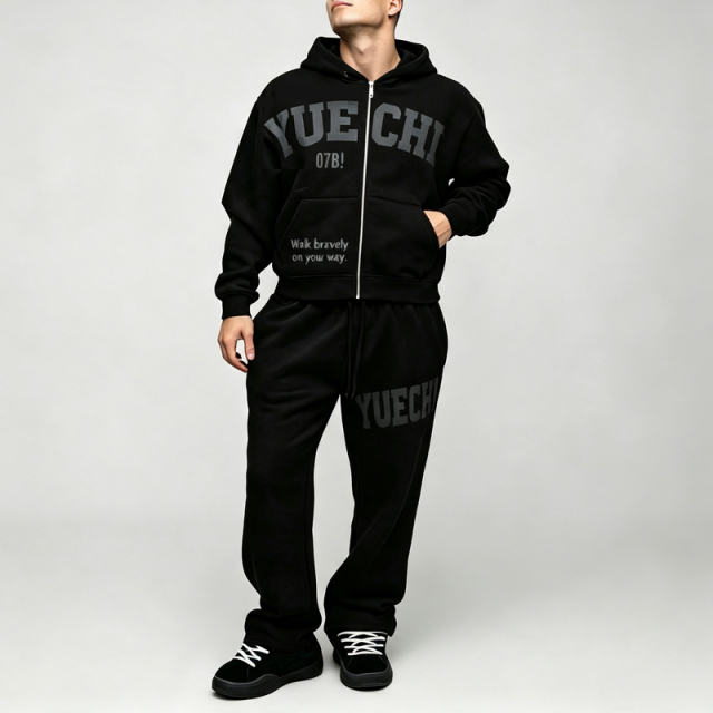 Custom Screen Print 100% Cotton Fleece Winter 2 Pieces Full Zip Boxy Fit Baggy Cropped Black Durable Men's Streetwear Tracksuit
