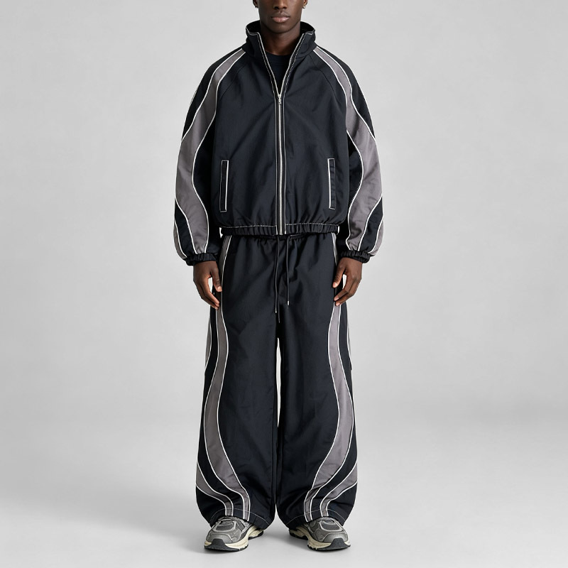 Custom Men Woven Nylon Full Zip Hooded Tracksuit Contrast Piping Breathable Mesh Lining Relaxed Fit Lightweight Two Piece Set