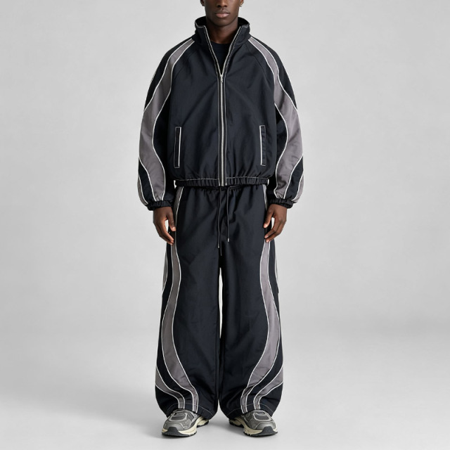 Custom Men Woven Nylon Full Zip Hooded Tracksuit Contrast Piping Breathable Mesh Lining Relaxed Fit Lightweight Two Piece Set