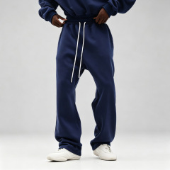 Men Navy 100% Cotton Fleece Tracksuit Applique Embroidery Cropped Boxy Oversized Hoodie Wide Leg Sweatpants Winter Two Piece