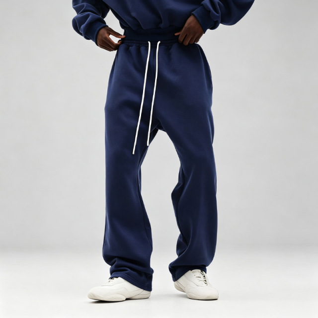 Men Navy 100% Cotton Fleece Tracksuit Applique Embroidery Cropped Boxy Oversized Hoodie Wide Leg Sweatpants Winter Two Piece