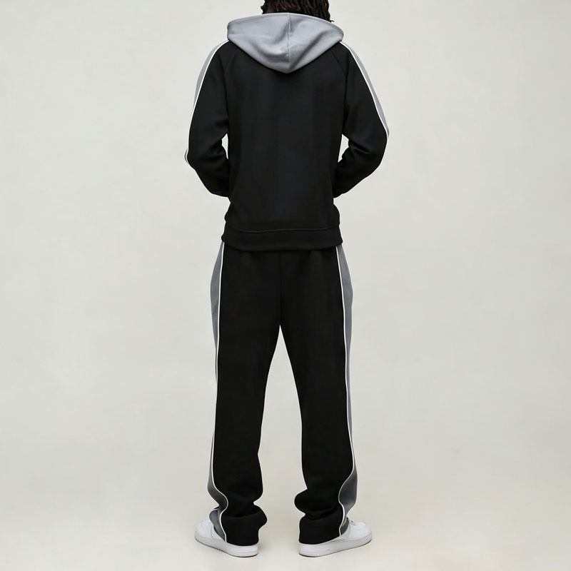 Custom Men's Color Block Panel Zip up Hoodie Relaxed Straight Jogger Tracksuit Oversized Streetwear Interlock Two Piece Set
