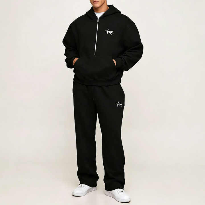 Custom Made Half Zip 100% Cotton French Terry Boxy Fit Baggy Star Graphic Screen Print Heavyweight Men's Casual Tracksuit Set
