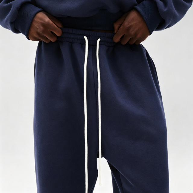 Men Navy 100% Cotton Fleece Tracksuit Applique Embroidery Cropped Boxy Oversized Hoodie Wide Leg Sweatpants Winter Two Piece