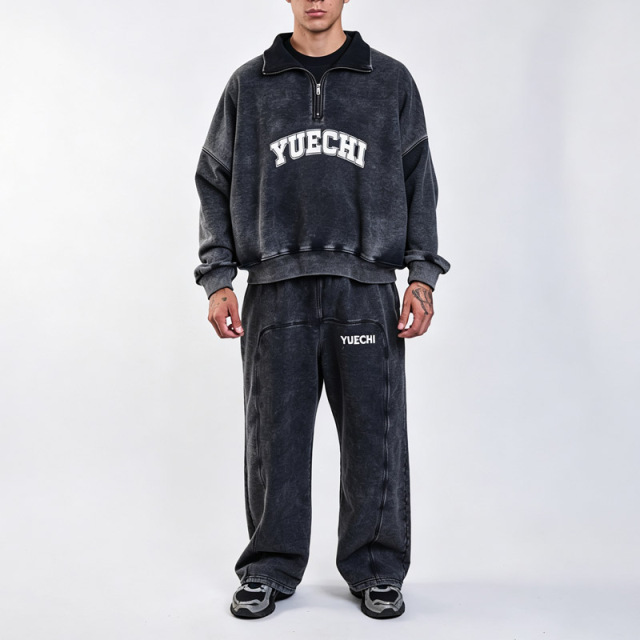 Custom Men's Snow Wash Cotton French Terry Quarter Zip Cropped Embroidery Applique Hoodie Wide Leg Sweatpants Street Set