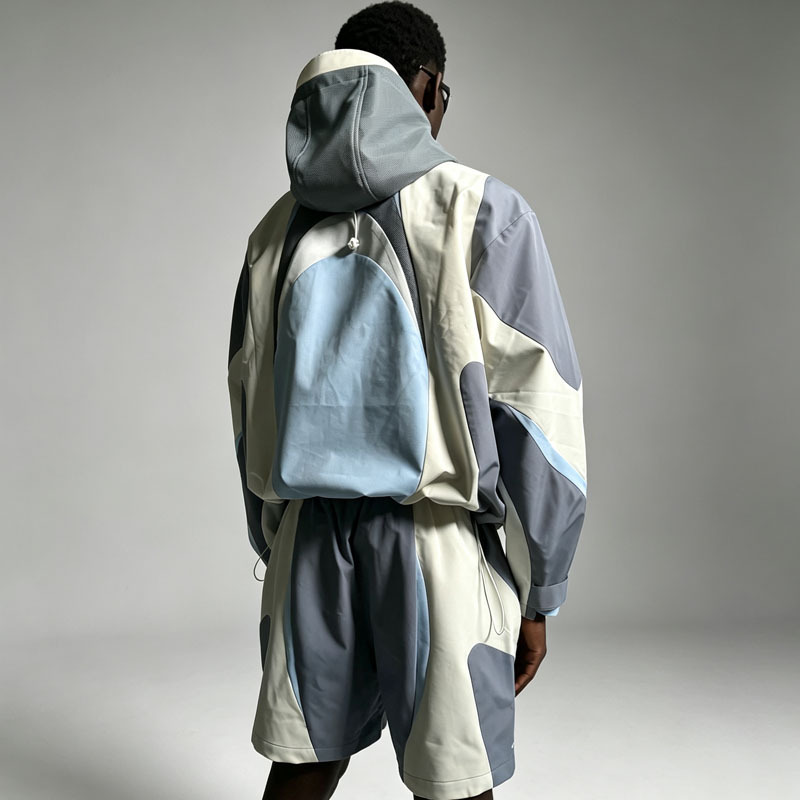 Custom Mens Multi Color Block Patchwork Nylon Tracksuit Full Zip Hooded Lightweight Shell Jacket Short Set Streetwear 2 Pieces