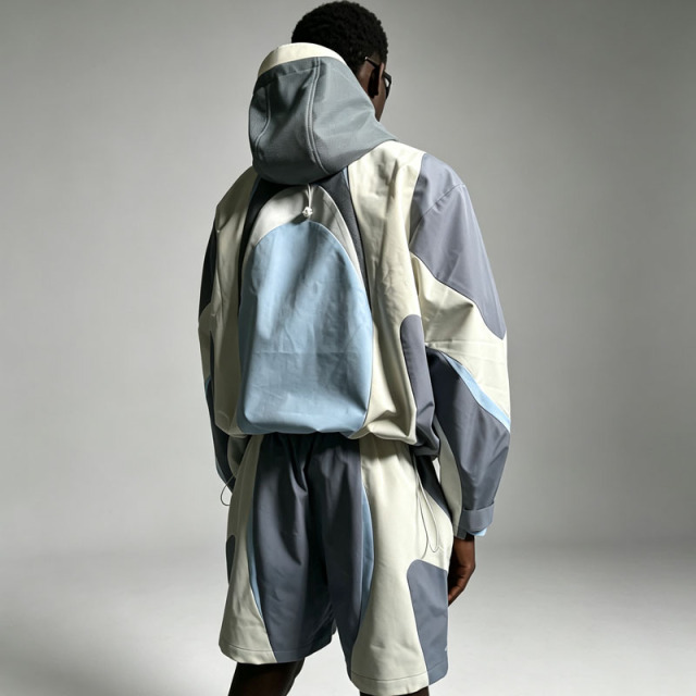 Custom Mens Multi Color Block Patchwork Nylon Tracksuit Full Zip Hooded Lightweight Shell Jacket Short Set Streetwear 2 Pieces
