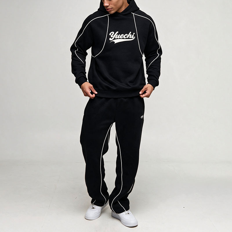 Custom Oversized French Terry 3D Puff Printing Streetwear Two Piece Contrast Piping Pullover Hoodie Wide Leg Men's Tracksuit Set