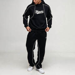Custom Oversized French Terry 3D Puff Printing Streetwear Two Piece Contrast Piping Pullover Hoodie Wide Leg Men's Tracksuit Set