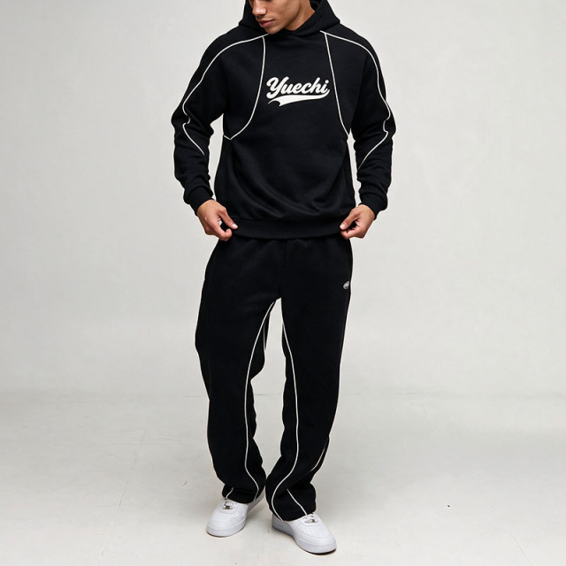 Custom Oversized French Terry 3D Puff Printing Streetwear Two Piece Contrast Piping Pullover Hoodie Wide Leg Men's Tracksuit Set