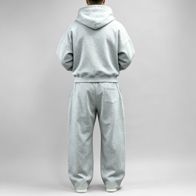 Custom Men's Light Heather Grey Heavyweight Jersey Toggle Buckle Cropped Hoodie Hidden Zip Wide Leg Sweatpants Tracksuit