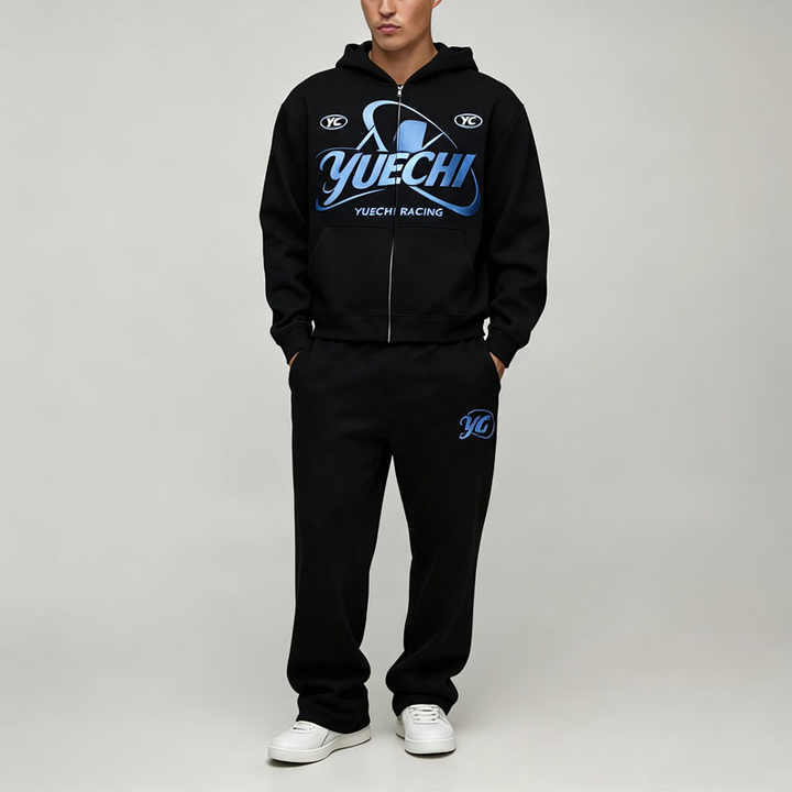 Custom Puff Printing Embroidery 2 Pieces Full Zip up Boxy Fit Wide Leg Black Cotton French Terry Men's Heavyweight Tracksuit