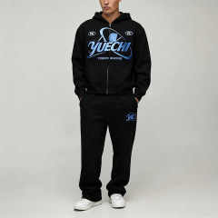 Custom Puff Printing Embroidery 2 Pieces Full Zip up Boxy Fit Wide Leg Black Cotton French Terry Men's Heavyweight Tracksuit