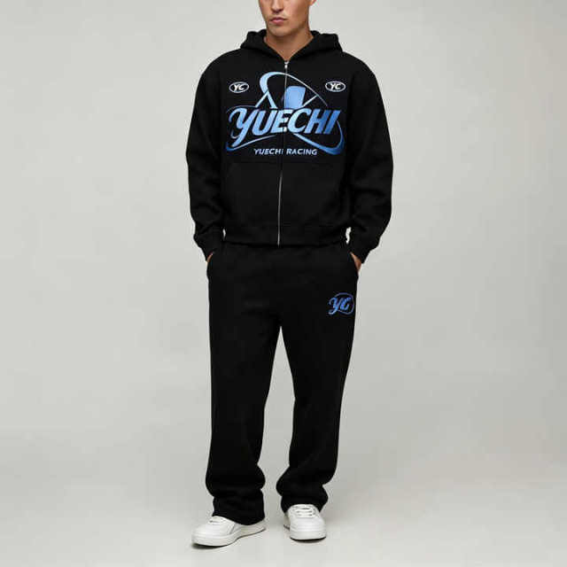 Custom Puff Printing Embroidery 2 Pieces Full Zip up Boxy Fit Wide Leg Black Cotton French Terry Men's Heavyweight Tracksuit