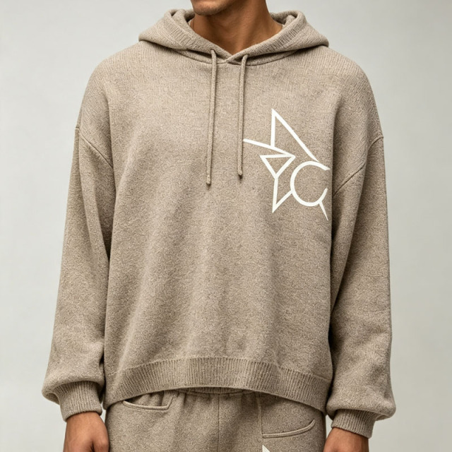 Custom Made Boucle Knit 2 Pieces Boxy Fit Wide Leg Screen Printing Pullover Hooded Streetwear Men's Casual Tracksuit Set