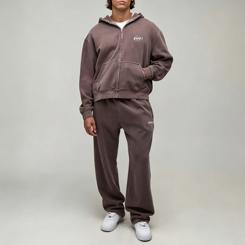 Men Oversized Zip up Hoodie Tracksuit 2 Piece Set Sport Washed Lived in Finish Fleece Dropped Shoulder Puff Printing Streetwear