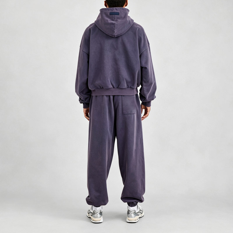 Mens Vintage Washed Heavyweight Tracksuit Set Boxy Oversized Pullover Hoodie Jogger Sweatpants 100% Cotton French Terry Purple
