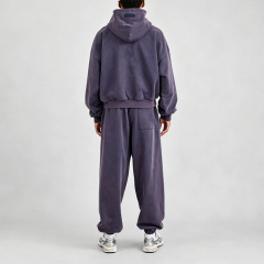 Mens Vintage Washed Heavyweight Tracksuit Set Boxy Oversized Pullover Hoodie Jogger Sweatpants 100% Cotton French Terry Purple