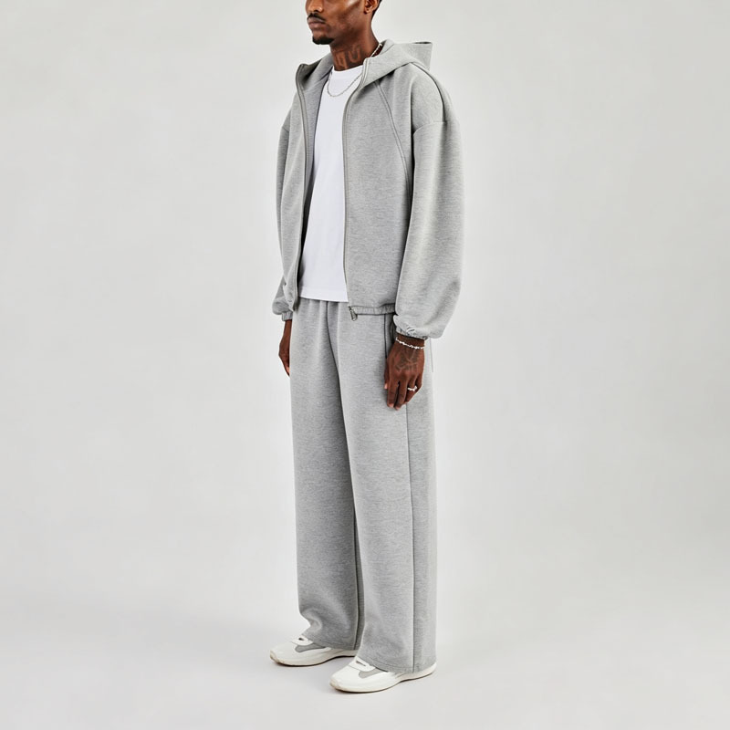 Men Air Layer Fabric Raglan Sleeve Zip up Hoodie Baggy Leg Blank Pant 2 Piece Sets Oversized Streetwear Customizable Tracksuit