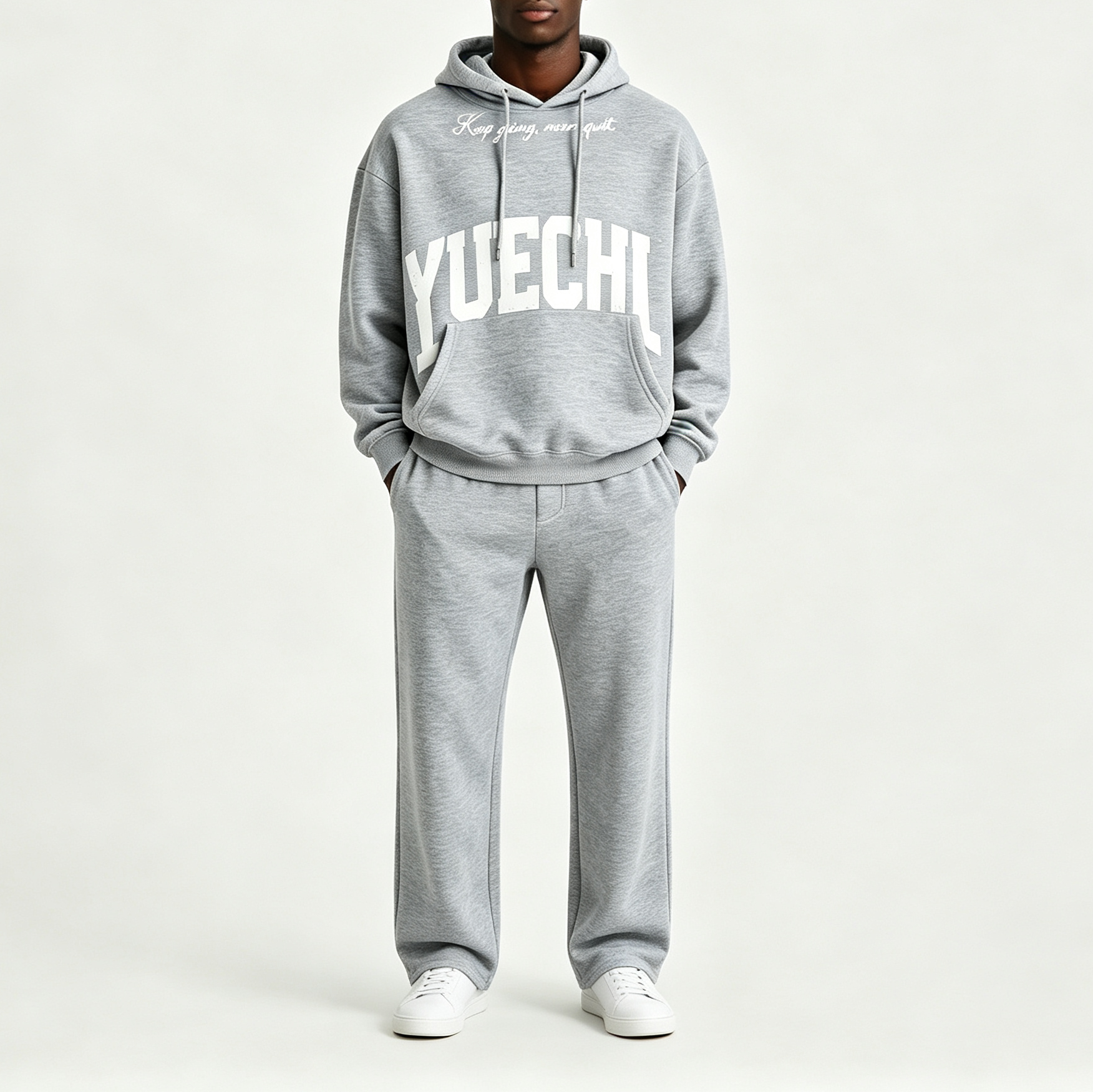 Custom Screen Printed 100% Cotton French Terry Winter Streetwear Pullover Hoodie Jogger 2-Piece Heather Grey Men's Casual