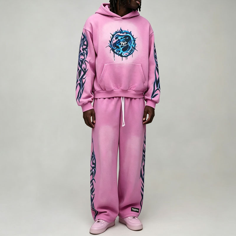 Custom Sun Faded Applique Embroidery Screen Print Pink 2 Pieces Regular Fit Full Length Men's Heavyweight Fleece Casual Autumn